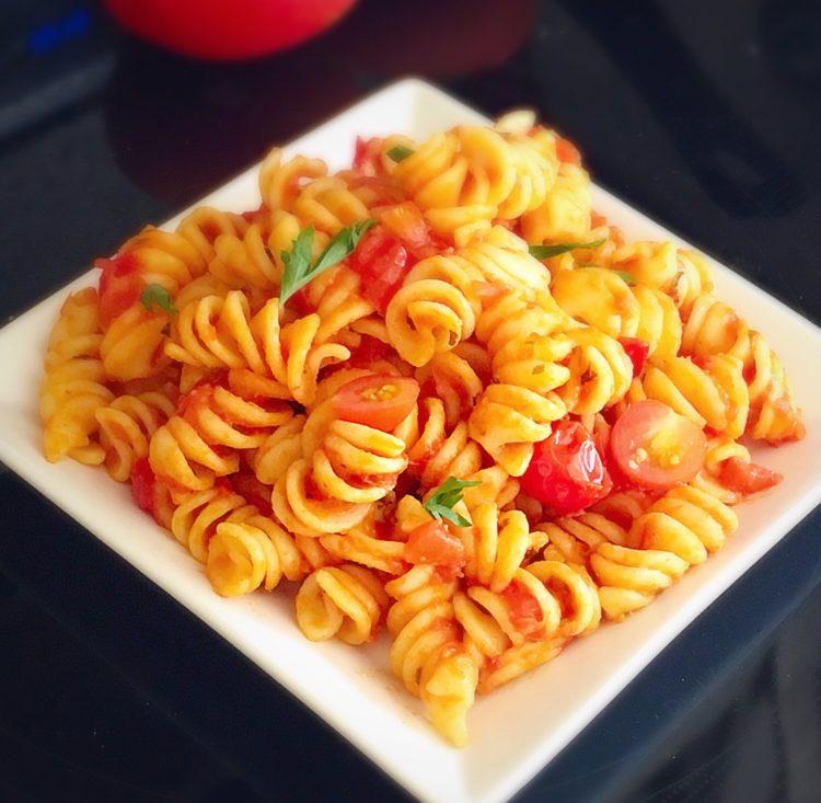 Tomato pasta recipe, Pasta in basil garlic tomato sauce - Sandhya's recipes