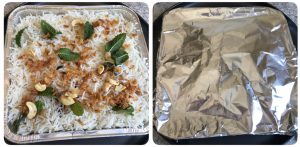 close the baking pan with aluminium foil for baked vegetable biryani