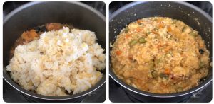 add mashed rice and dal to veggie mixtue, mix well